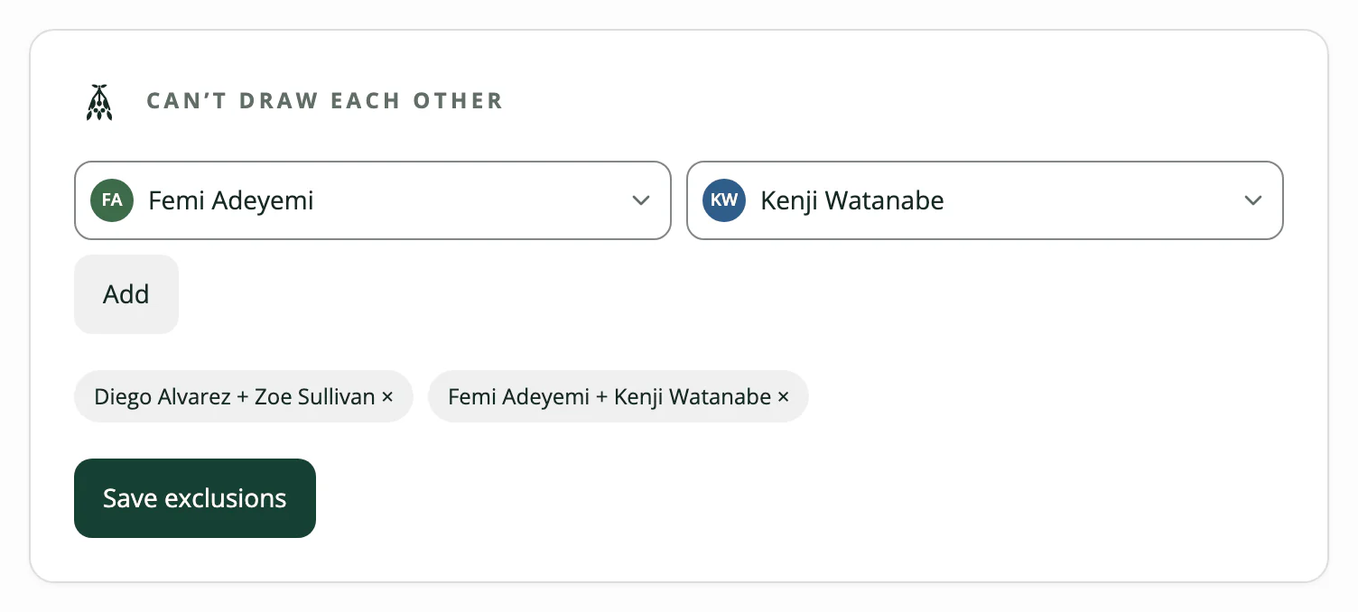Adding an exclusion in Humbugg: Femi Adeyemi and Kenji Watanabe chosen and added beside an existing pair, Diego Alvarez and Zoe Sullivan, with a Save exclusions button.