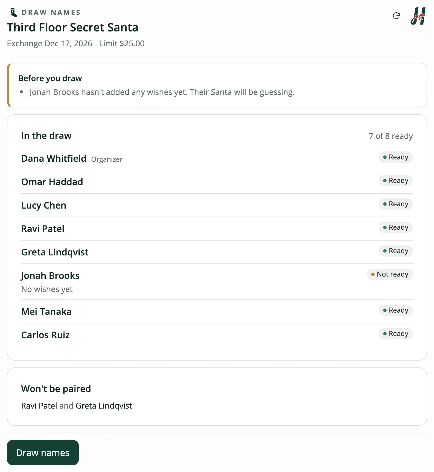 Humbugg’s draw review in the chat: eight people, one still without a wish list, Ravi Patel and Greta Lindqvist kept apart, and a Draw names button.