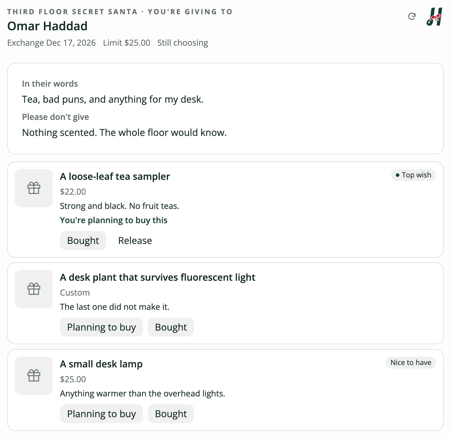 Humbugg’s page for the person you drew, as it opens in the chat: Omar Haddad, his wish list of a tea sampler, a desk plant and a desk lamp, and one wish marked as planned.