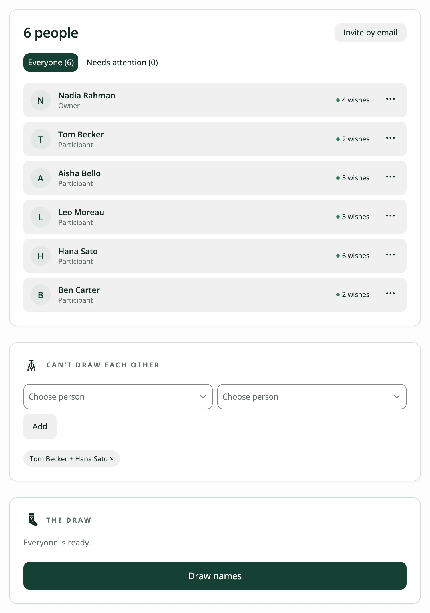 An organizer’s draw page in Humbugg: six people each with a wish list, Tom Becker and Hana Sato set as a pair who can’t draw each other, and a Draw names button.