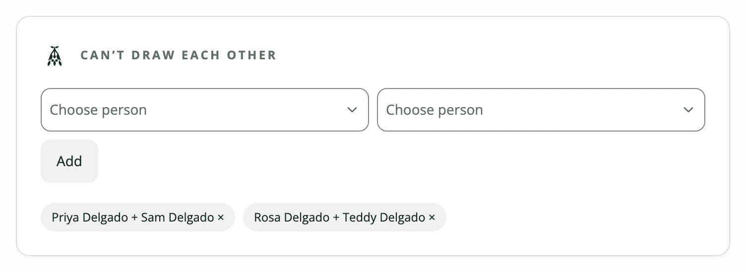 The exclusions in a family exchange: Priya Delgado and Sam Delgado as one pair, Rosa Delgado and Teddy Delgado as another.