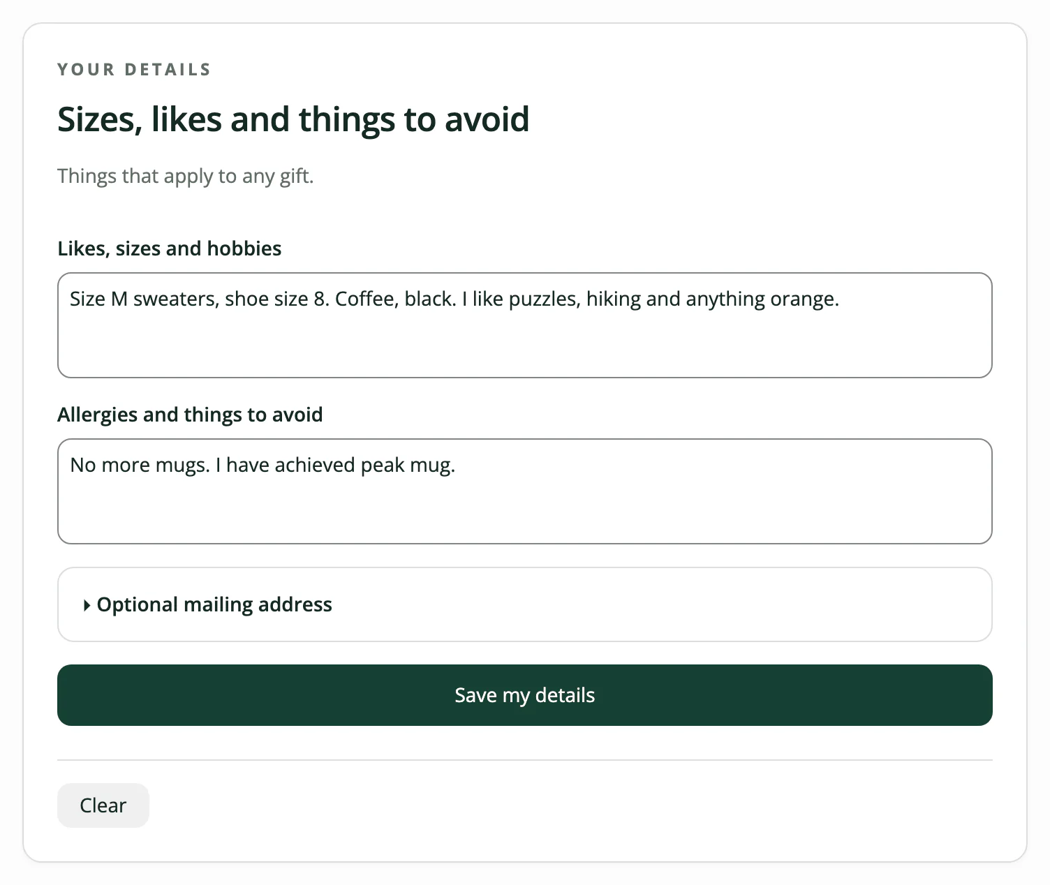 Greta’s details in Humbugg: size M sweaters, shoe size 8, coffee black, puzzles, hiking and anything orange, and the note “No more mugs. I have achieved peak mug.”