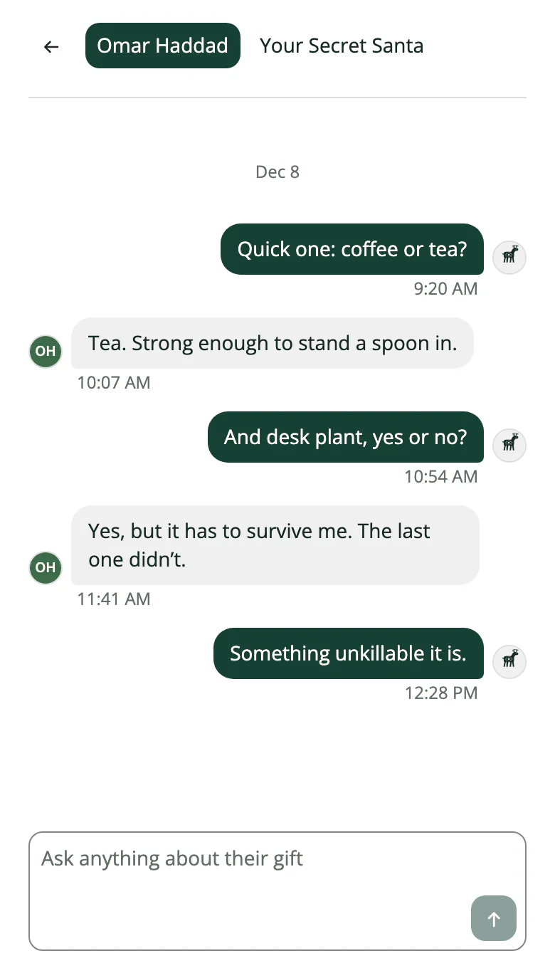 An anonymous chat on a phone. Lucy asks Omar Haddad whether he prefers coffee or tea and whether he wants a desk plant, and Omar answers.