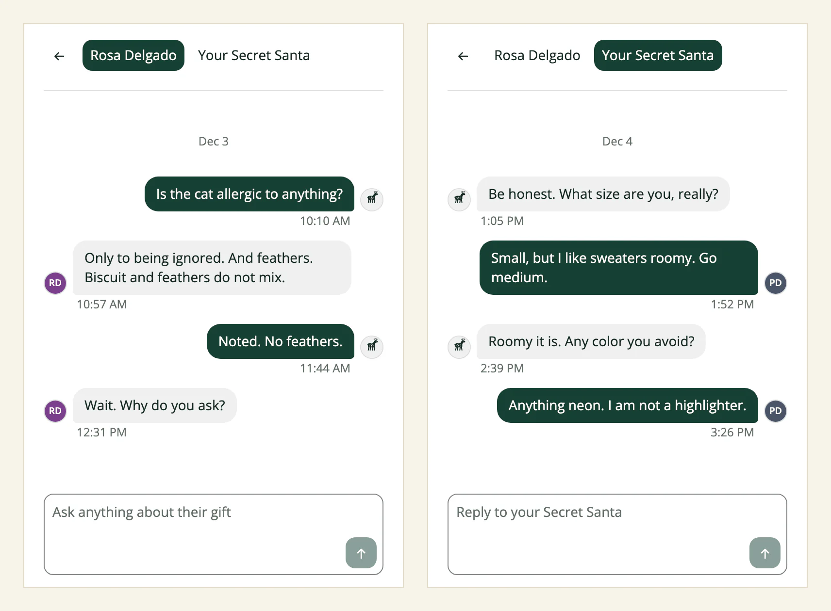 Two anonymous chats. In one, Priya asks Rosa Delgado, the person she drew, whether the cat is allergic to anything. In the other, Priya’s own Secret Santa, shown only as “Your Secret Santa”, asks what size she wears.